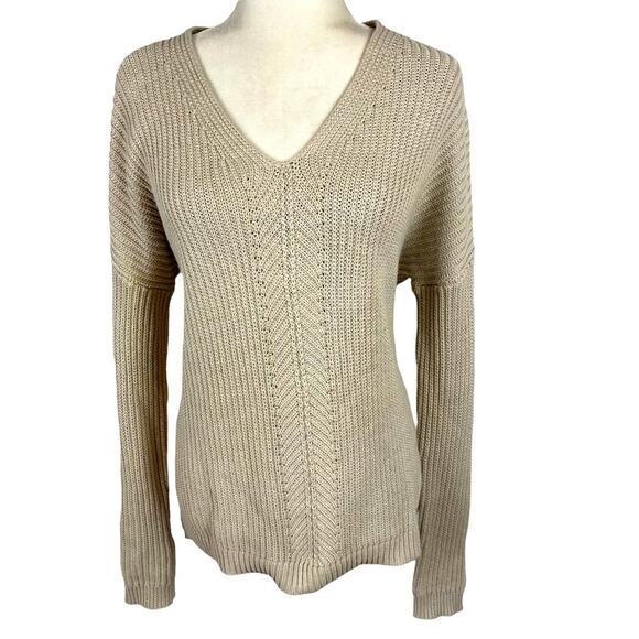 Vince Ribbed Knit Directional V-neck 100% Cotton Pullover Sweater Neutral XS - Picture 3 of 8